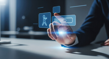 Businessman's hand touching a futuristic holographic interface with a loading bar and character icon, representing digital activation and progress
