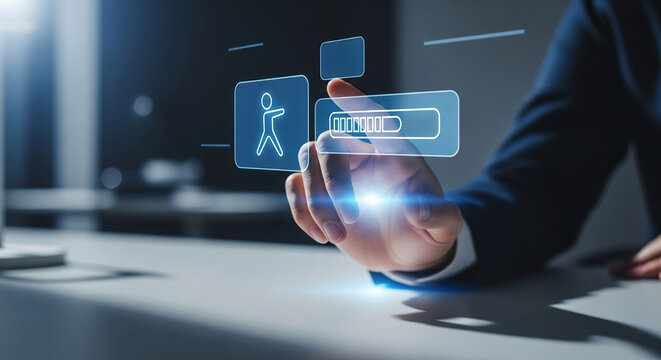 Businessman's hand touching a futuristic holographic interface with a loading bar and character icon, representing digital activation and progress