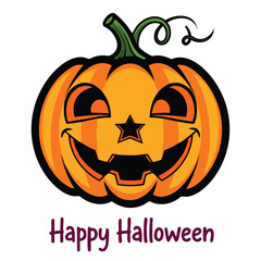 Bright orange jack-o’-lantern pumpkin with a star nose, big smile, and “Happy Halloween” text in playful purple. Ideal for festive cards, party decor, or stickers.