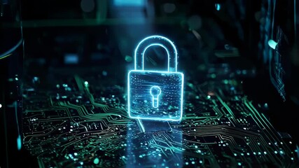 A luminous padlock hovers above a circuit board, with a glowing outline. A technological cybersecurity - Powered by Adobe