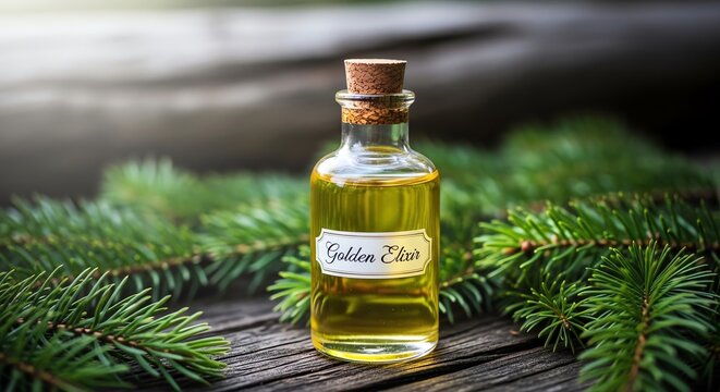 Glass bottle with golden elixir and pine branches