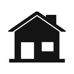 Simple black silhouette of a house with a chimney and two windows on a white background