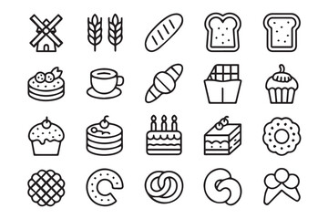 monochrome baked goods icon pack vector ai eps jpeg png bread croissant cake donut cupcake bakery symbols