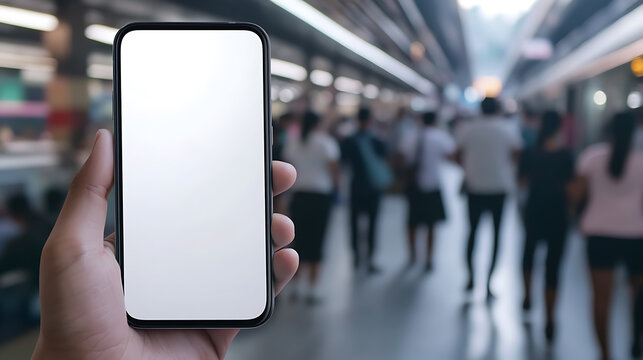 Hand holding a blank smartphone in a busy train station with a crowd of commuters. The screen is white for app or ad placement, connecting transport and digital lifestyle.
