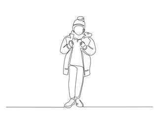 Young girl wearing winter cloth in single outline illustration. Continuous line art drawing of model wearing winter fashion. Editable stroke.