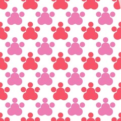 A cute seamless pattern with pink and red paw prints on a white background. Pink and red paw print seamless pattern background with doodle style. Seamless pink and red paw print seamless pattern.