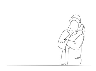 Young girl wearing winter cloth in single outline illustration. Continuous line art drawing of model wearing winter fashion. Editable stroke.