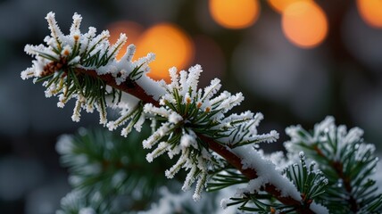 Closeup of Frosty Fir Tree Branch with Snow and Warm Bokeh Christmas Lights_7