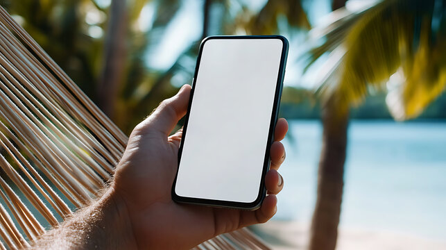 Relaxing in a hammock with a smartphone on a tropical beach, showcasing a seamless blend of technology and tranquil island life under swaying palm trees. A serene getaway.
