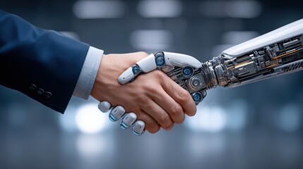Close-Up Cinematic Handshake Between Human And Robot Manager