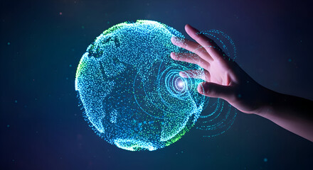 Human hand interacting with vibrant digital globe, exploring future technology and global data connections