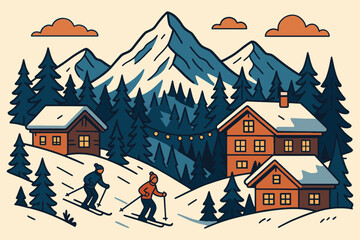 Cozy mountain village scene with skiers and snow covered cabins in winter