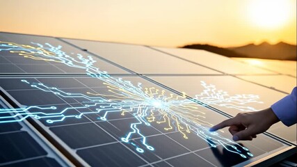 Man activates solar panel with digital circuit overlay, depicting renewable energy integration and smart grid technology footage - Powered by Adobe