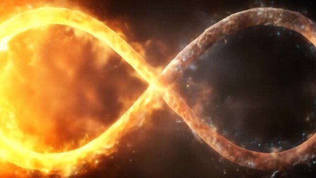 Abstract infinity symbol with fire and energy on black background