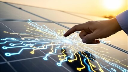 Man touches solar panel, activating digital circuit lines glowing with energy. Innovative renewable power technology concept footage. - Powered by Adobe