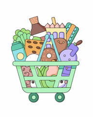 Shopping cart full of gifts, groceries, and sale items, ideal for e-commerce and store design