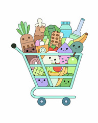 Shopping cart full of groceries and vegetables illustration icon vector design for e-commerce retail store