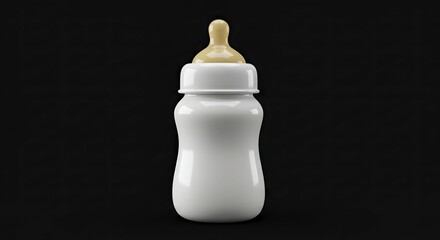 A baby bottle stands center frame white with a tan nipple against a dark backdrop