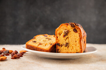Fruit cake sweet pastry fruitcake dessert dried fruits, nuts traditional baked goods natural product tasty snack fresh delicious gourmet food background on the table rustic top view copy space