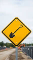Yellow construction sign with shovel symbol indicating excavation work and road construction ahead area