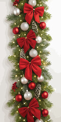 Vertical Christmas Garland with Red Bows and Ornaments