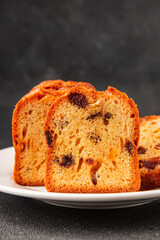 Fruit cake sweet pastry fruitcake dessert dried fruits, nuts traditional baked goods natural product tasty snack fresh delicious gourmet food background on the table rustic top view copy space