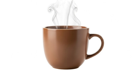 Brown coffee mug with steam isolated on transparent background, perfect for morning