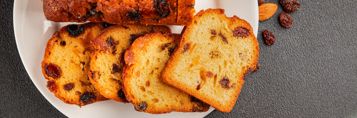 Fruit cake sweet pastry fruitcake dessert dried fruits, nuts traditional baked goods natural product tasty snack fresh delicious gourmet food background on the table rustic top view copy space