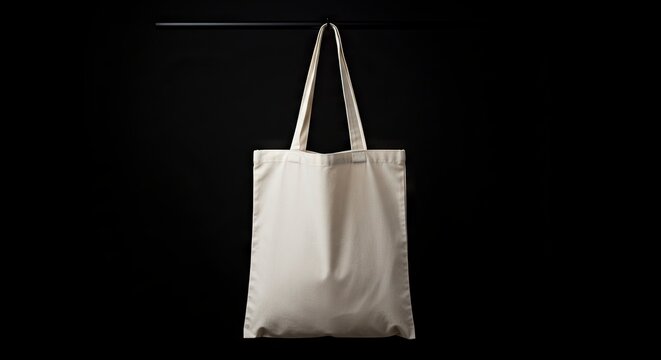 A blank unprinted tote bag hangs from a black rod against a solid black background