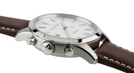 Elegant silver wristwatch with brown leather strap isolated on transparent background