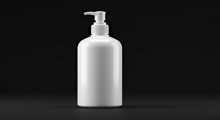 A sleek white plastic pump bottle stands centered against a dark background