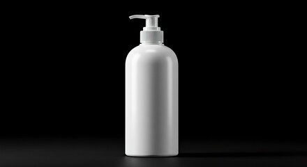 A sleek white pump bottle sits centered against a stark black backdrop minimal reflection from a surface below