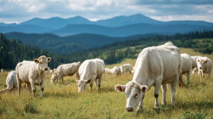 Fototapeta premium Peaceful Herd of White Cows Grazing in Lush Meadow, Mountain Backdrop