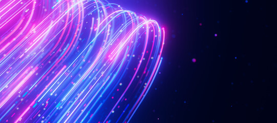 Bigdata light speed data flow turn closeup. Abstract digital data stream of quantum computing. Cyberspace of qubit trails. Modern tech information transmission.