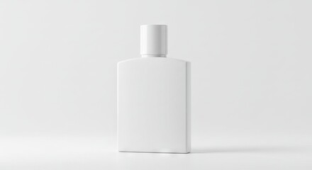 A sleek white rectangular bottle stands on a neutral reflective surface against a uniform bright background
