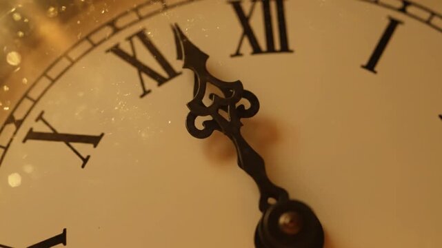 Close up view of vintage clock face with roman numerals and hands