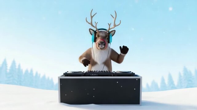 Festive reindeer dj mixing tunes in a wintry landscape with energetic vibes