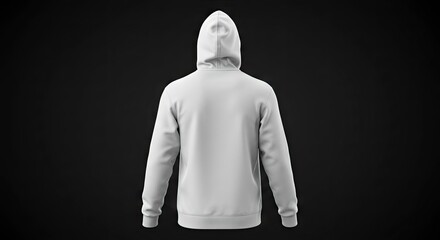 A solid white hoodie with its hood up presented from the back against a dark gray background