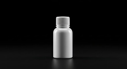 A solitary white plastic bottle stands against a stark black background casting a subtle reflection on the surface below