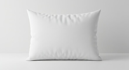 A square white pillow rests on a white surface against a pale grey wall Minimalist studio shot
