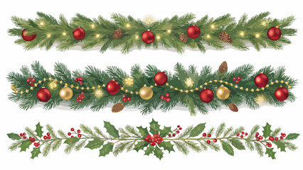Three horizontal Christmas garland designs with pine branches and ornaments