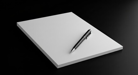 A stack of white paper with a black pen resting on top set against a dark background