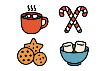 Cozy winter treats collection featuring hot chocolate cookies candy canes and marshmallows