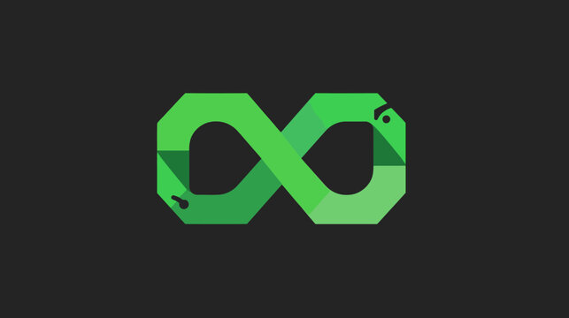 Green infinity loop design on a black background, with snake-like details