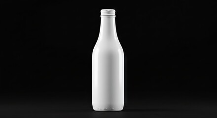 A tall narrow white bottle stands on a flat surface against a stark black background