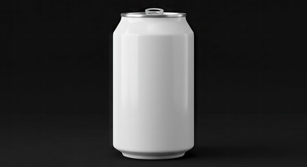 A tall white aluminum can stands centered against a matte black backdrop The can has a silver top and pull tab