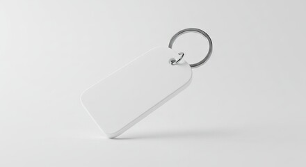A tilted white keychain with a silver ring casting a shadow on a neutral background