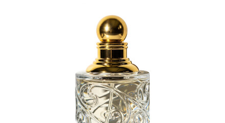 Elegant glass perfume bottle with golden cap isolated on transparent background