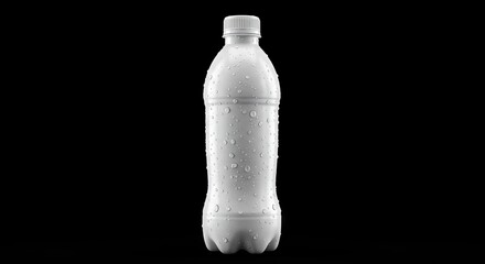 A translucent white water bottle with water droplets sits against a dark backdrop isolated
