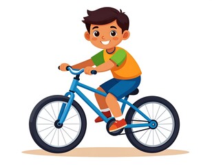 Fototapeta premium A smiling young boy, with brown hair and skin, is riding a light-blue bicycle, wearing an orange shirt, and blue shorts